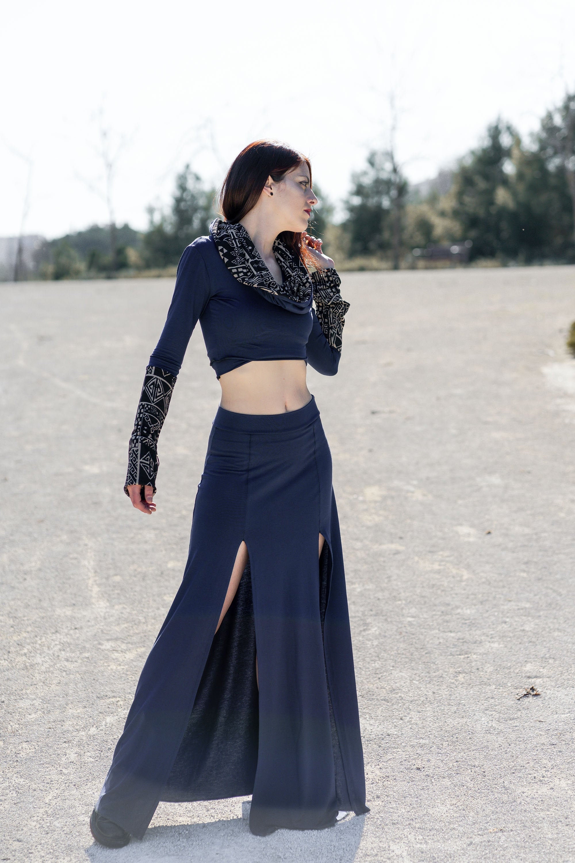 Navy blue boho festival maxi skirt made from organic cotton. Fire dance costume. Boho hippie skirt. Bohemian maxi skirt. Tribal Boho clothes
