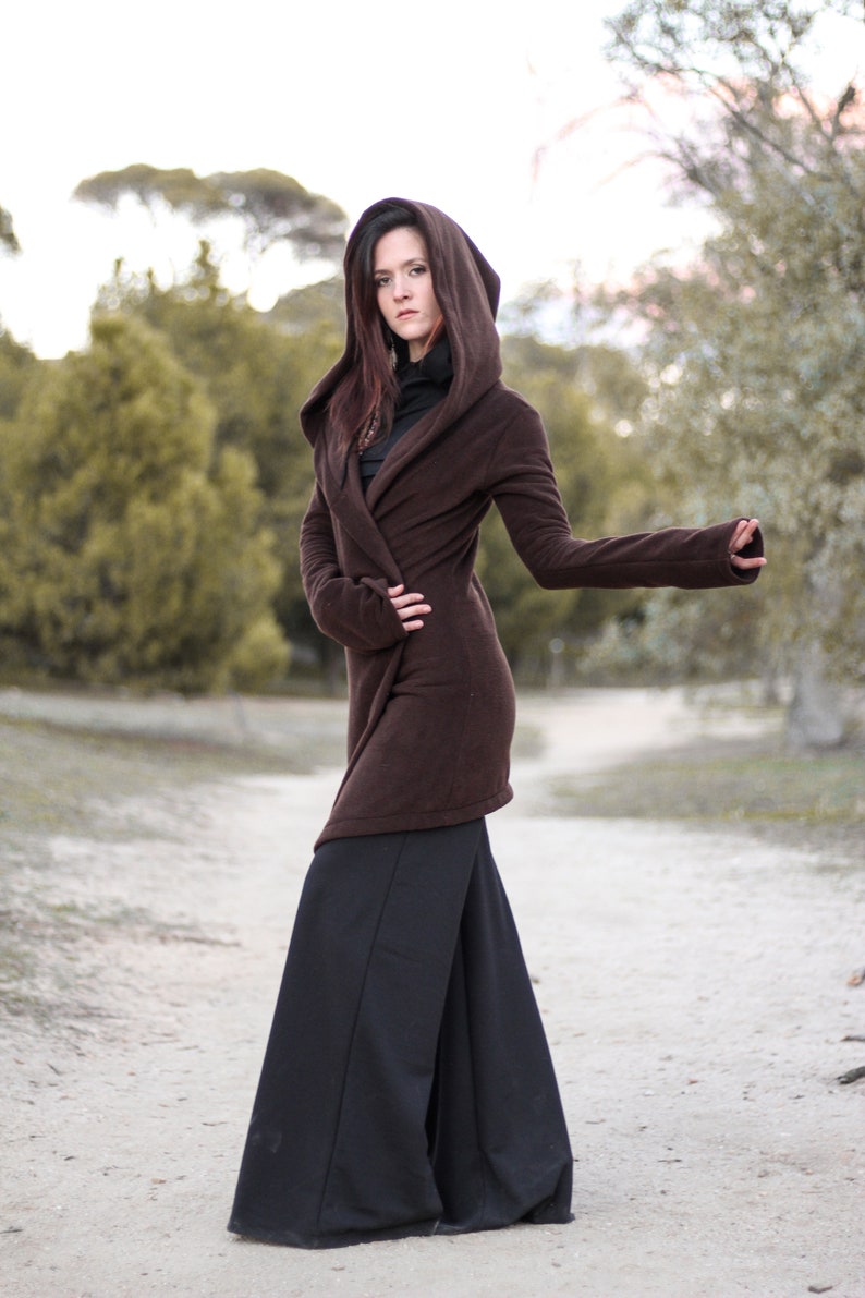 Brown hooded coat. Long wrap winter coat. Medieval fleece hooded jacket. Pixie coat. Hoodie jacket. Winter fleece jacket. Gothic jacket. image 1