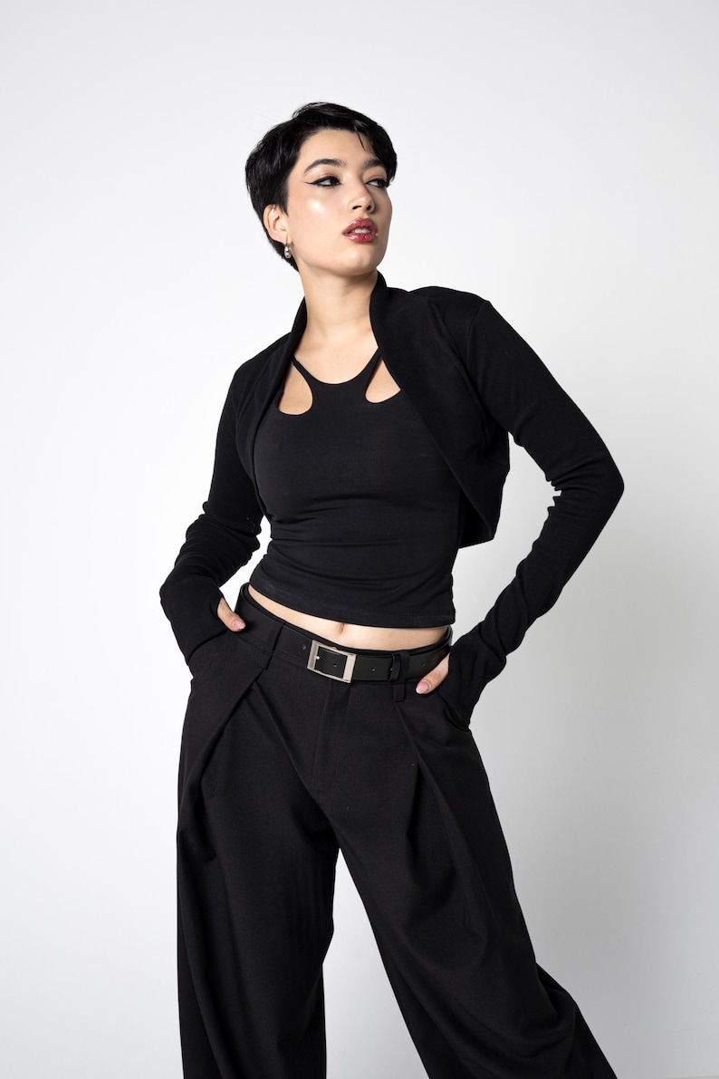 Organic cotton knit Elegant black cropped bolero shrug with long thumbhole sleeves – goth Cocktail minimalist knit cardigan. image 1