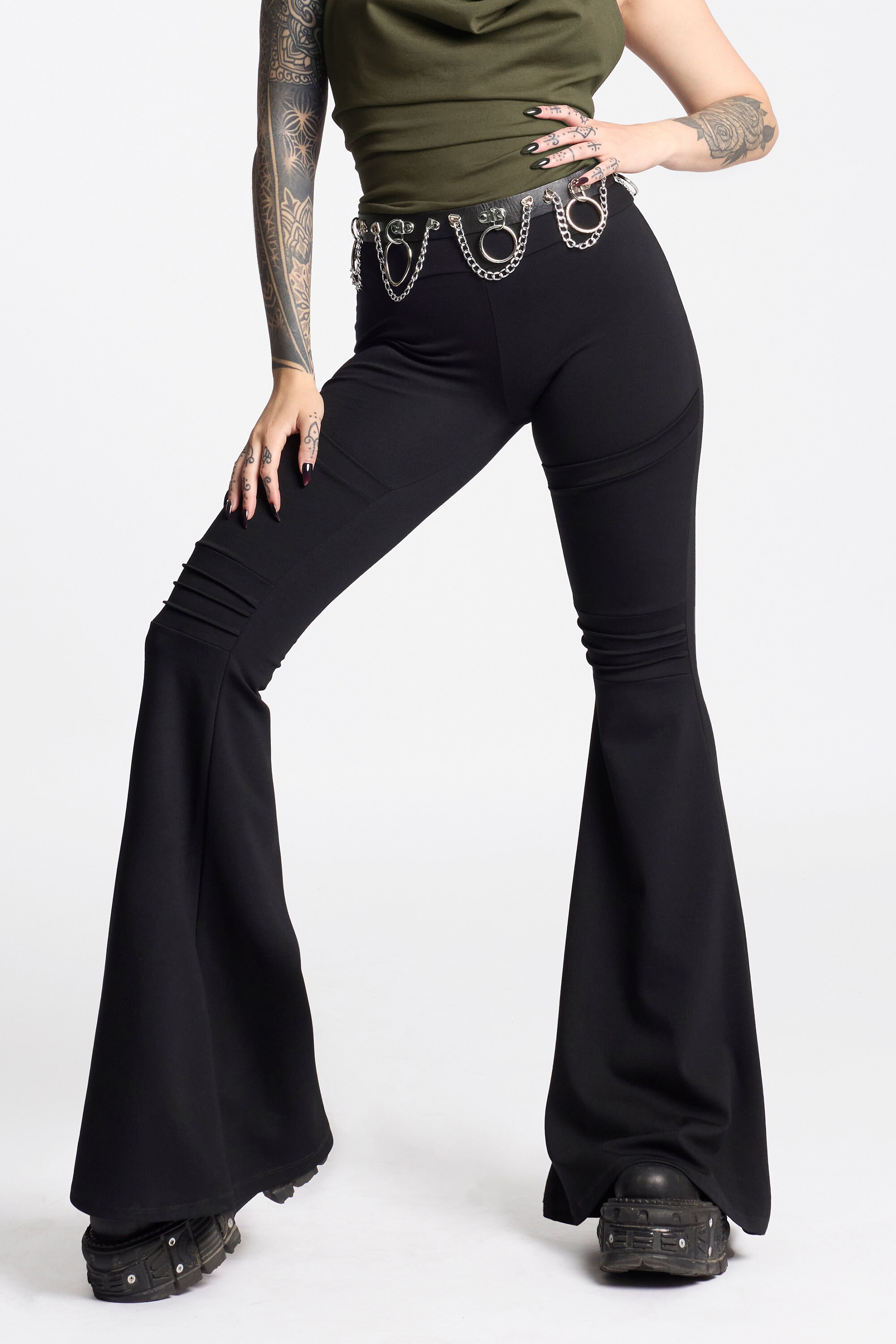 Hight Waist Bell Bottom Pants With Pockets. Goth Black Flare