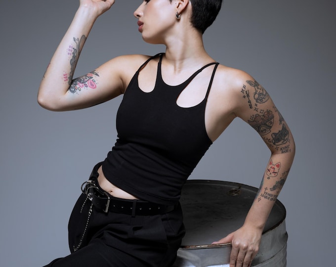 PREORDER. Mia Black organic cotton cropped strappy tank top – Elegant minimalist cocktail top.  Yoga top. Festival top. Sustainable clothing