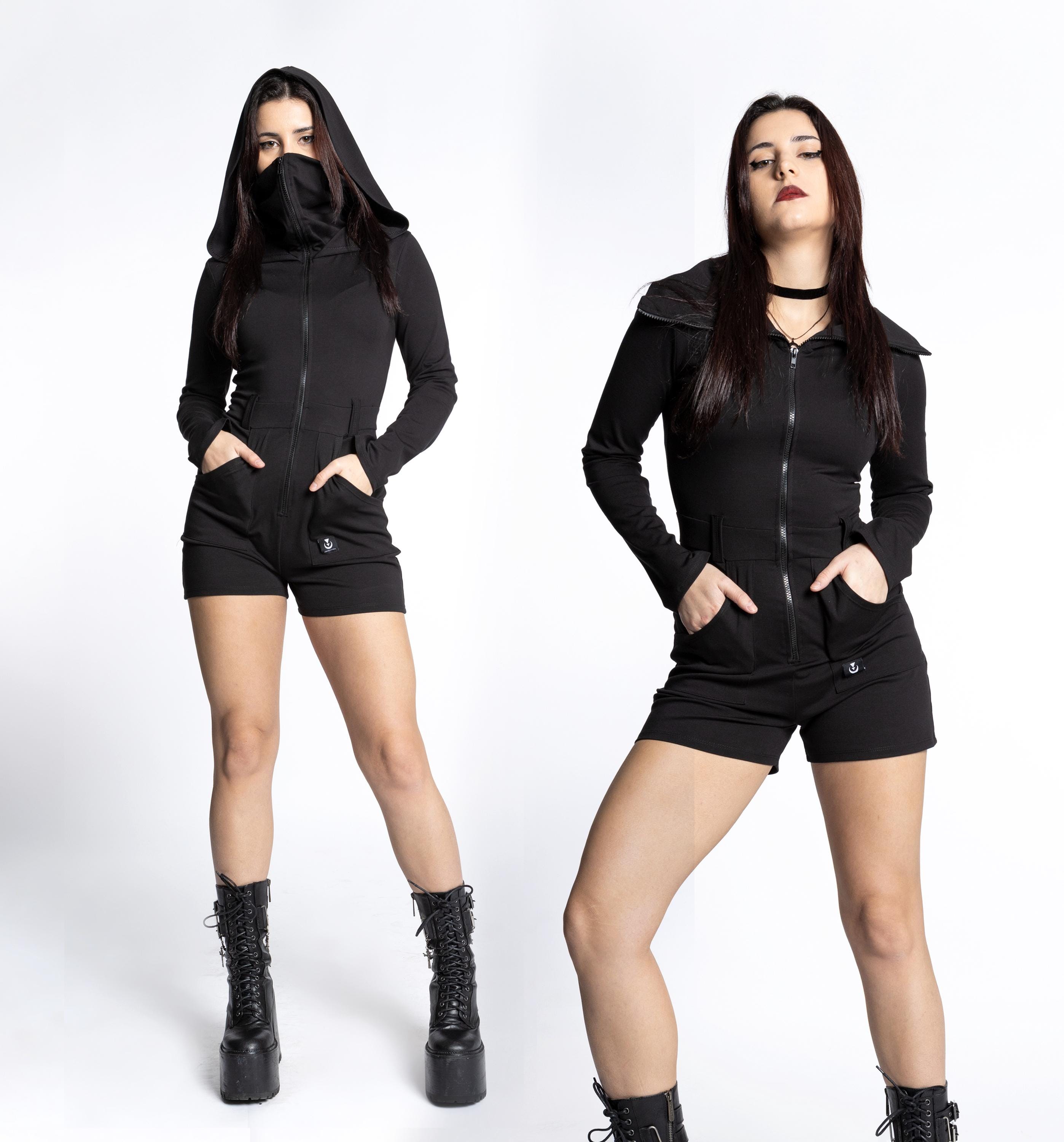 Festival Hooded sleeve romper with face mask. Rave Hooded