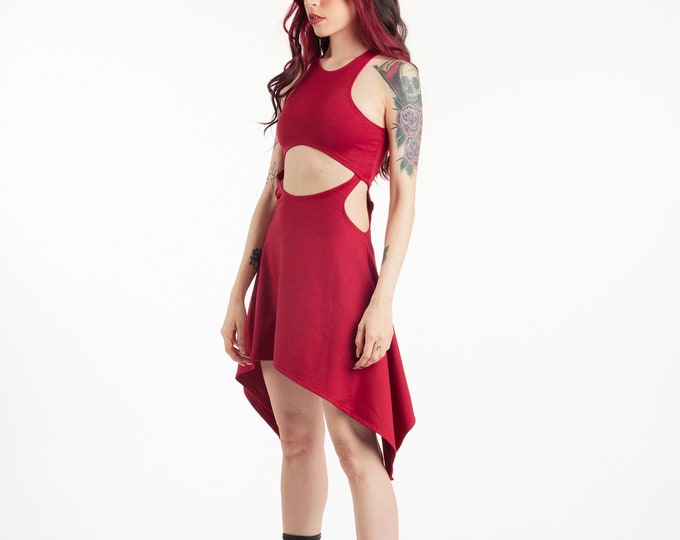 Red asymmetric sleeveless summer dress. Festival dress. Festival clothing. Pixie dress. Edgy red dress. Cut out gothic dress. Pixie clothing