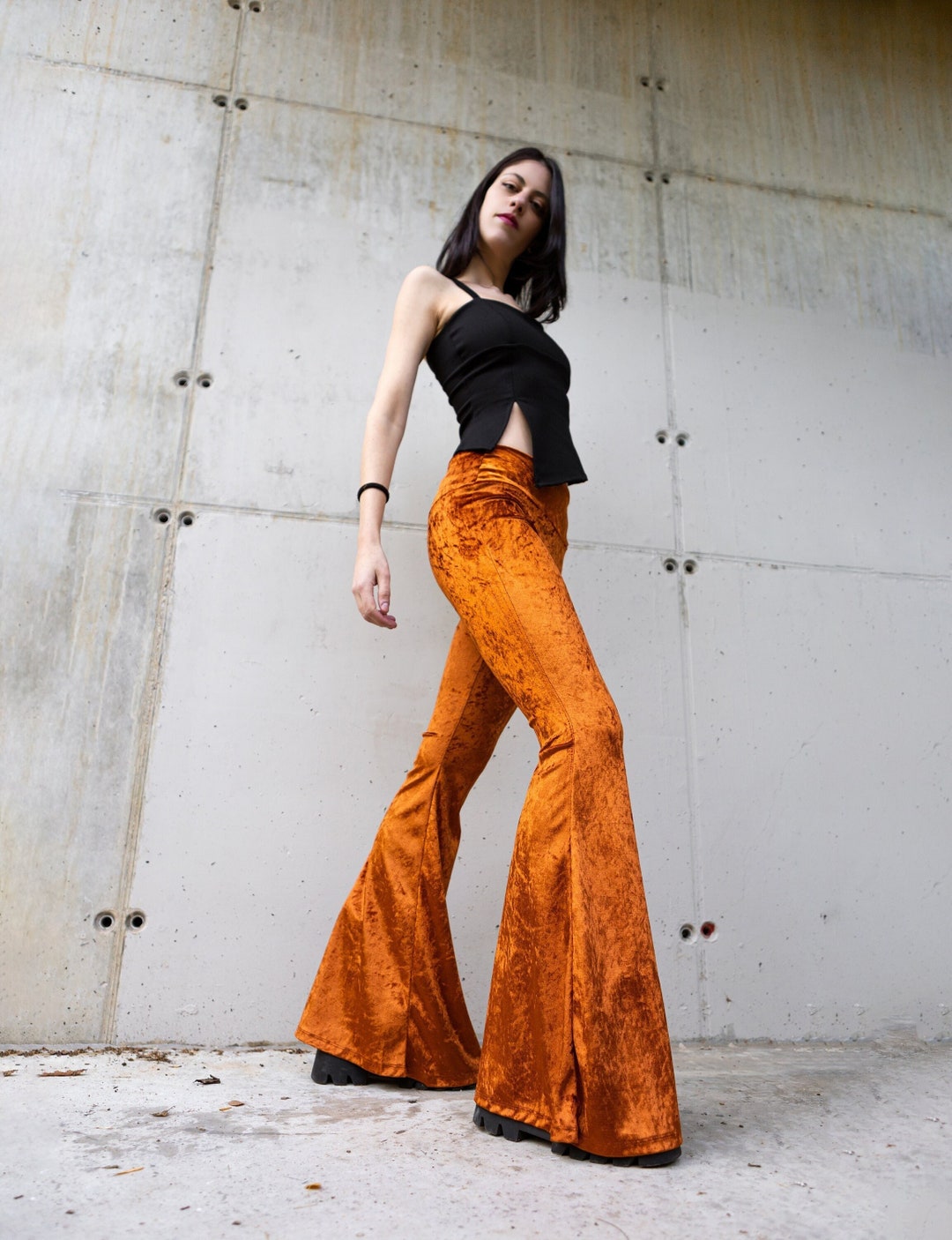 Buy Velvet Bell Bottoms High Waist Flares Festival Clothing Dark Green  Solid Velvet Stretchy Pants Hippie Boho Festival Wear Tight High Rise  Online in India 