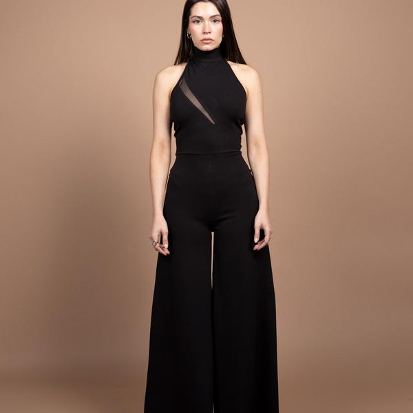Floor length Cocktail minimalist black formal jumpsuit. Halter Backless palazzo Jumpsuit.