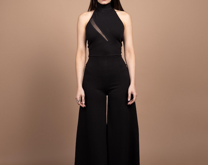 Halter Backless palazzo Jumpsuit. Floor length Cocktail minimalist black formal jumpsuit