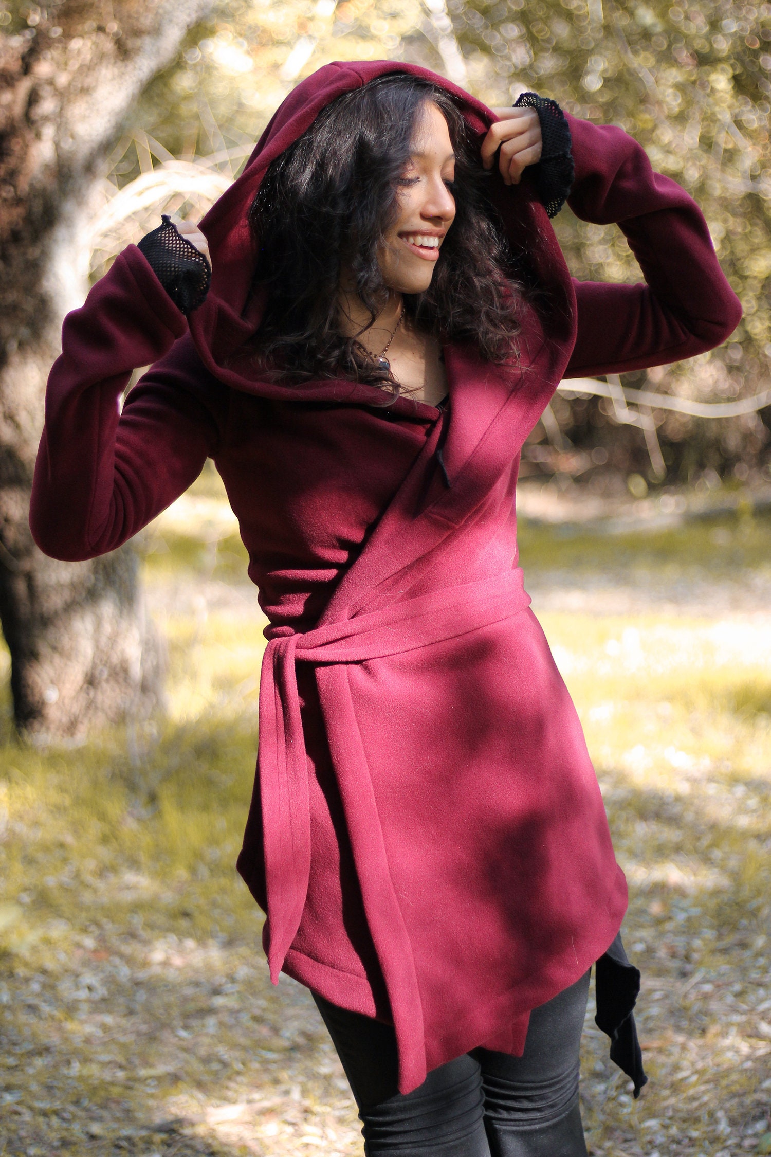 Wine Fleece hooded coat. Long wrap winter coat. Pixie fleece hooded jacket.  Pixie coat. Hoodie jacket. Winter fleece jacket. Gothic jacket.