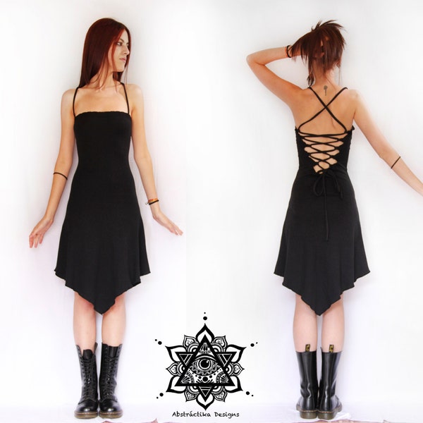 Amunet dress. Black dress, gothic dress, backless dress, lace dress, fantasy, goth dress, sacred geometry, festival, faery clothing, elven