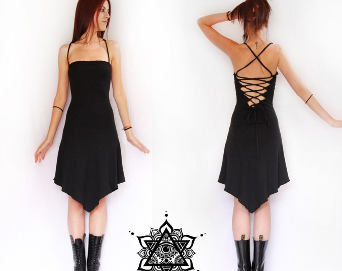 Amunet dress. Black dress, gothic dress, backless dress, lace dress, fantasy, goth dress, sacred geometry, festival, faery clothing, elven