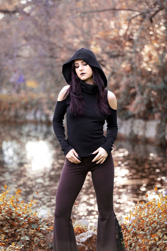 Black festival long sleeve top with dust mask. Hooded elven sweater. Pixie Hooded sweatshirt. Autumn winter pullover. Boho pixie clothing