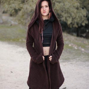 Brown hooded coat. Long wrap winter coat. Medieval fleece hooded jacket. Pixie coat. Hoodie jacket. Winter fleece jacket. Gothic jacket. image 7