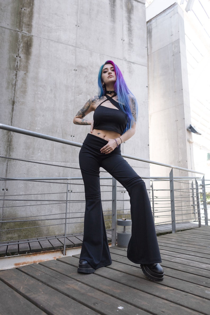 Hight waist bell bottom Pants with pockets. Goth Black Flare image 5