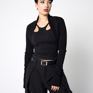 Organic cotton knit Elegant black cropped bolero shrug with long thumbhole sleeves – goth Cocktail minimalist knit cardigan. image 9
