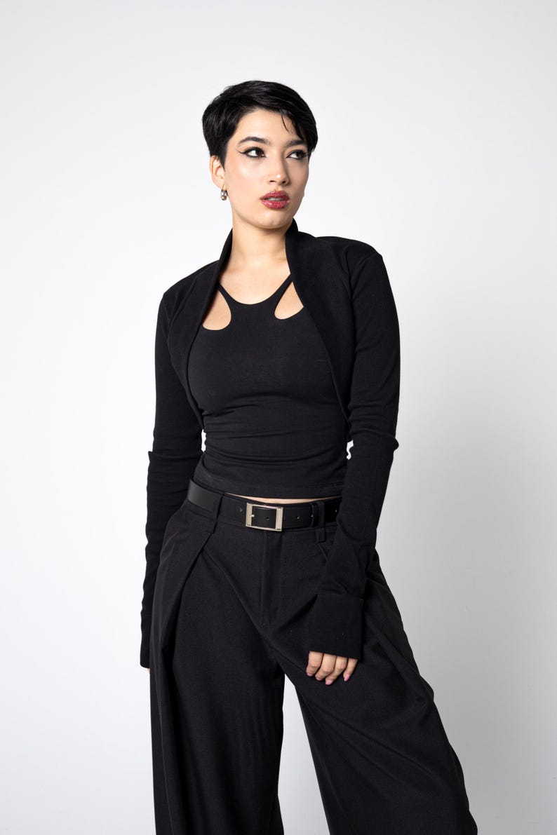 Organic cotton knit Elegant black cropped bolero shrug with long thumbhole sleeves – goth Cocktail minimalist knit cardigan. image 9