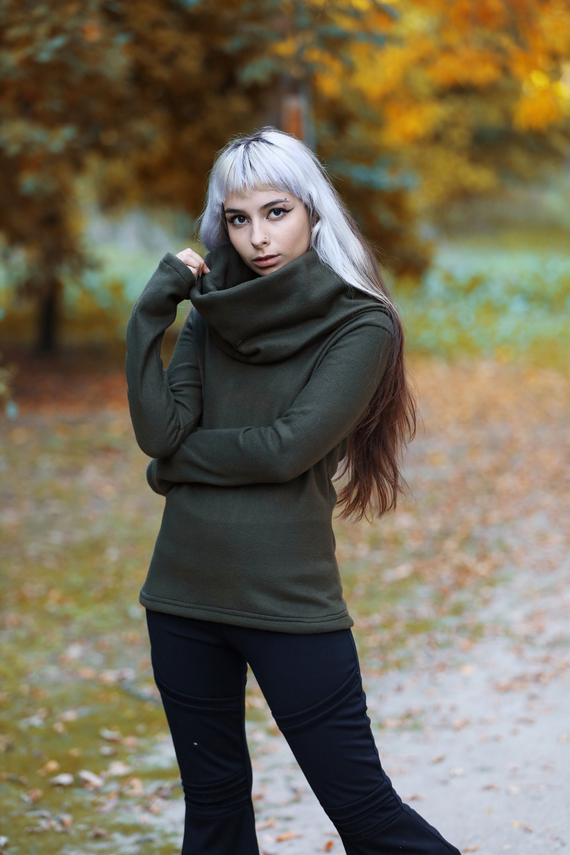 Hooded winter polar fleece sweatshirt. Elven fleece pullover. Cowl