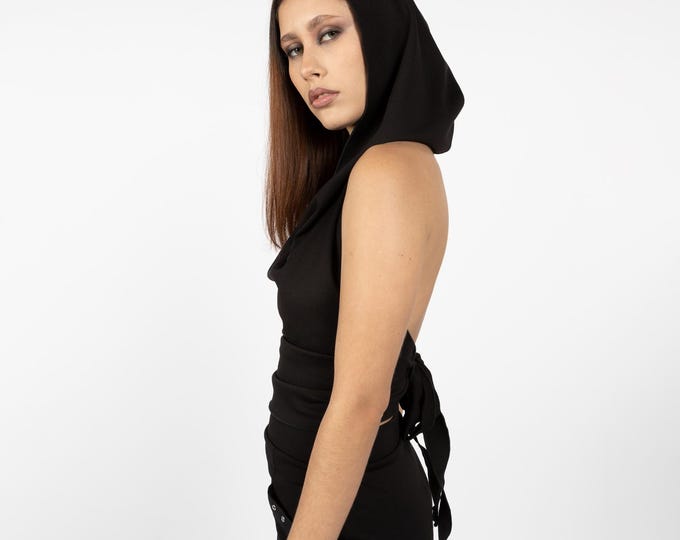 Hooded backless summer wrap top. Festival top. Burning man clothes. Yoga Cowl neck top. Elven top. Pixie top. Wrap crop top. Yoga clothes.