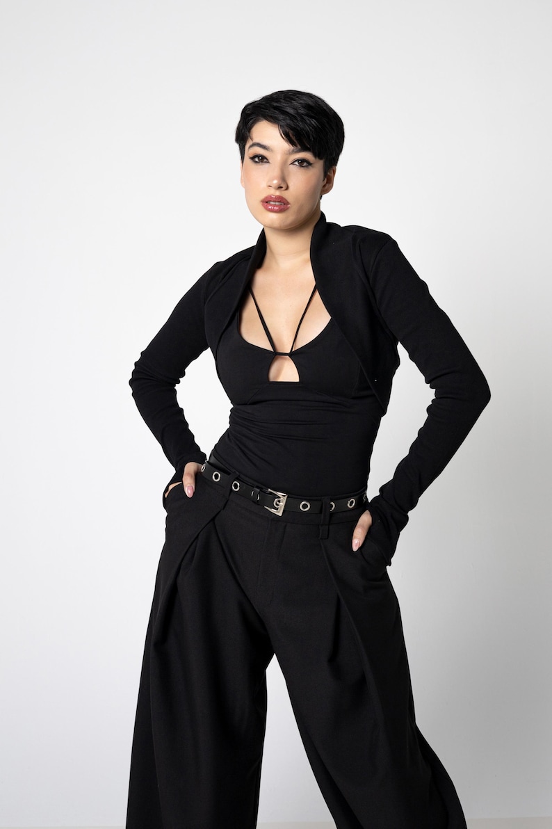Organic cotton knit Elegant black cropped bolero shrug with long thumbhole sleeves – goth Cocktail minimalist knit cardigan. image 11