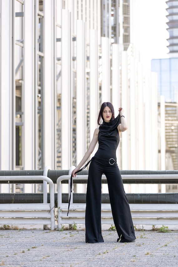 Black Jumpsuit Wide Leg Romper Outfit Hooded Backless Goth Wedding