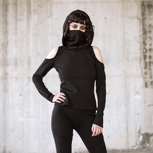 Black festival long sleeve top with dust mask. Hooded elven sweater. Pixie Hooded sweatshirt. Autumn winter pullover. Boho pixie clothing image 6