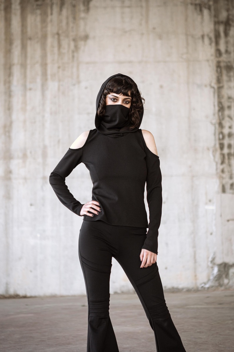 Black festival long sleeve top with dust mask. Hooded elven sweater. Pixie Hooded sweatshirt. Autumn winter pullover. Boho pixie clothing image 6