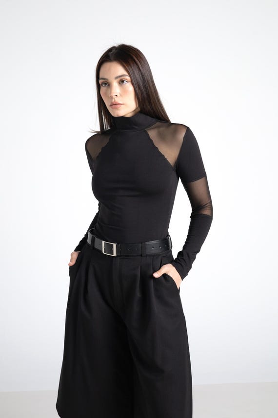 Elegant Sheer Black Long Sleeve Top – Minimalist Fitted High Neck Mesh Top – Evening Cocktail blouse