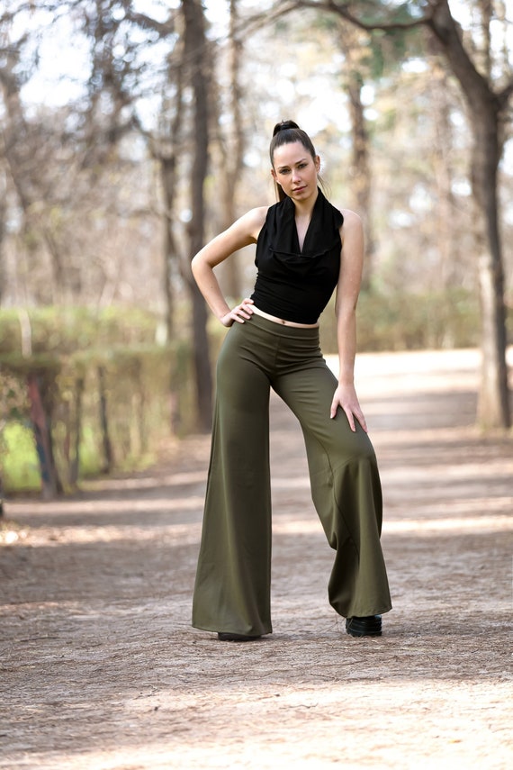 Green Flare Pants. Maxi Wide Leg Palazzo Bottoms. Festival Bottoms