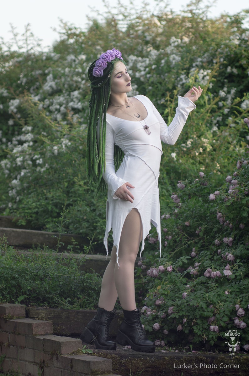 Fairy dress. Elven dress. Goth dress. Game of thrones. Pixie dress. White dress. Elven clothing. Medieval dress. Festival. Winter dress. image 5