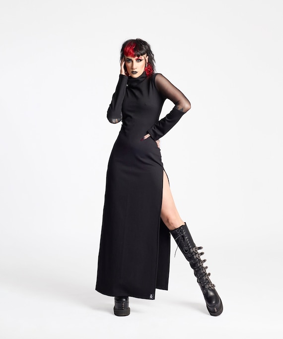 Black long sleeve maxi dress with slits hotsell