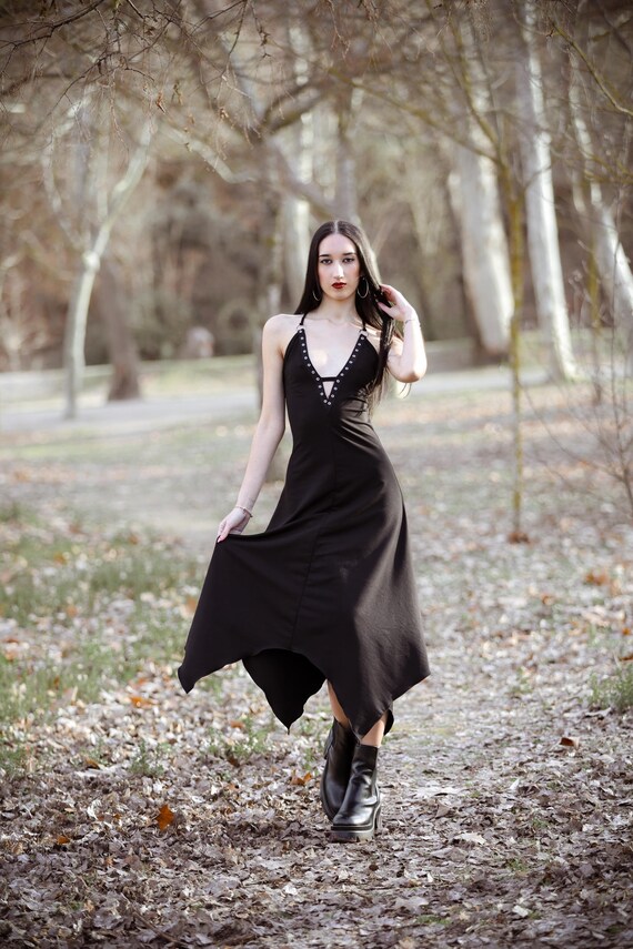 Black V-neck Maxi Asymmetric Dress. Dark Boho Dress. Goth