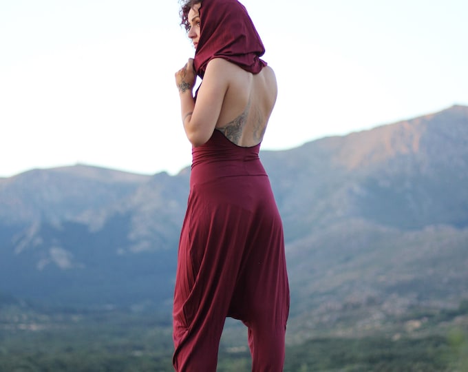 Wine hooded jumpsuit, yoga romper, hooded bodysuit, cyber punk jumpsuit, cyber punk clothes, yoga clothing, burning man, festival jumpsuit