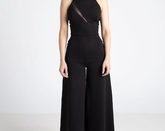 Itala Halter Backless Jumpsuit. Formal black palazzo halter jumpsuit. Minimalist jumpsuit