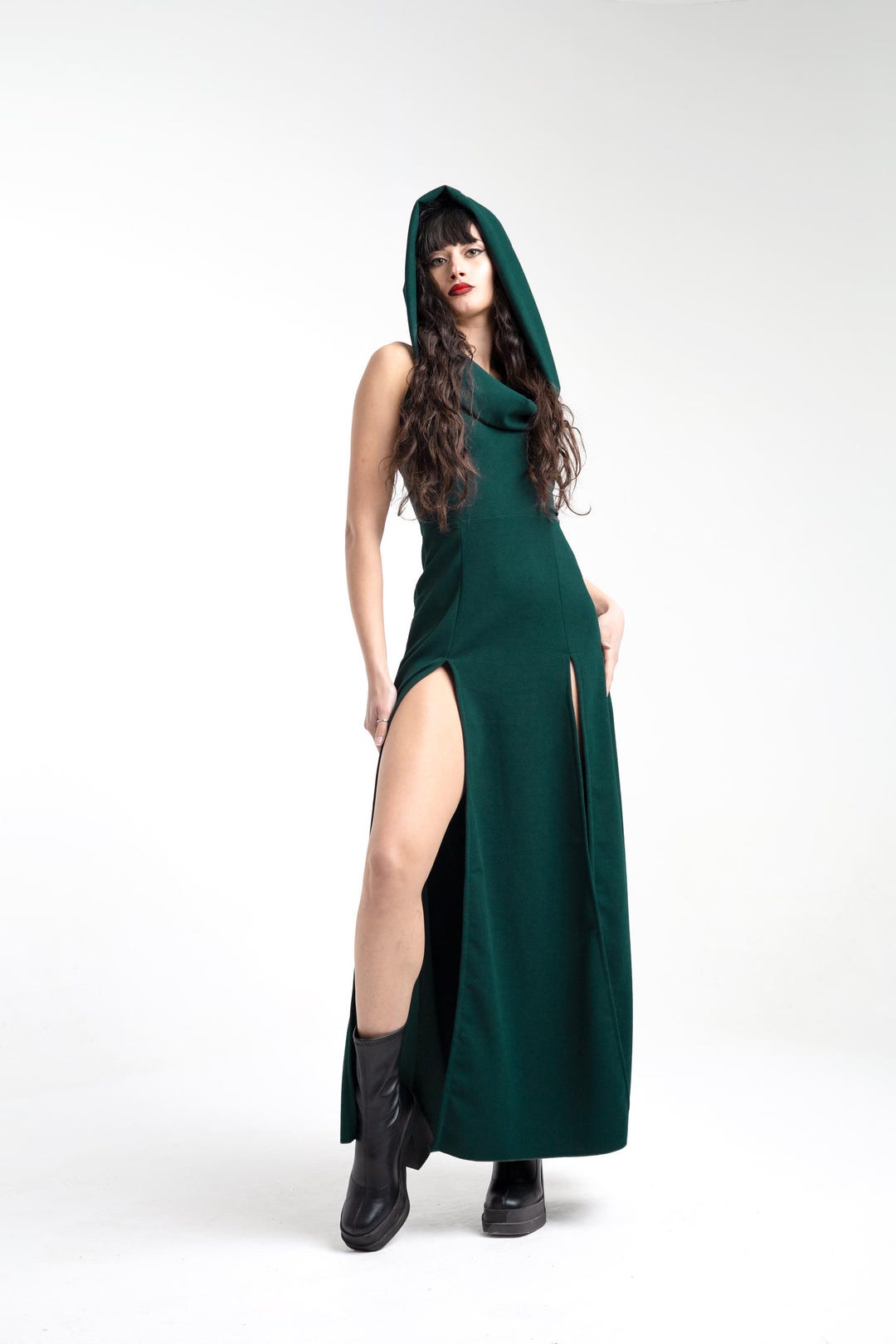 Cowl neck zip-up backless solid maxi dress