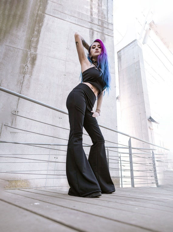 Hight Waist Bell Bottom Pants With Pockets. Goth Black Flare Pant