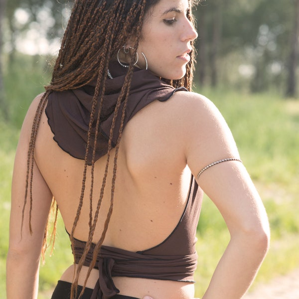 Braunes Neckholder-Top mit Kapuze, rückenfreies Top, Wickel-Crop-Top, Gypsy-Topyoga-Top, Festivalkleidung, brennender Mann, mittelalterliche Kleidung, Sommer-Neckholder-Top