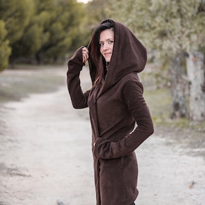 Brown hooded coat. Long wrap winter coat. Medieval fleece hooded jacket. Pixie coat. Hoodie jacket. Winter fleece jacket. Gothic jacket. image 8