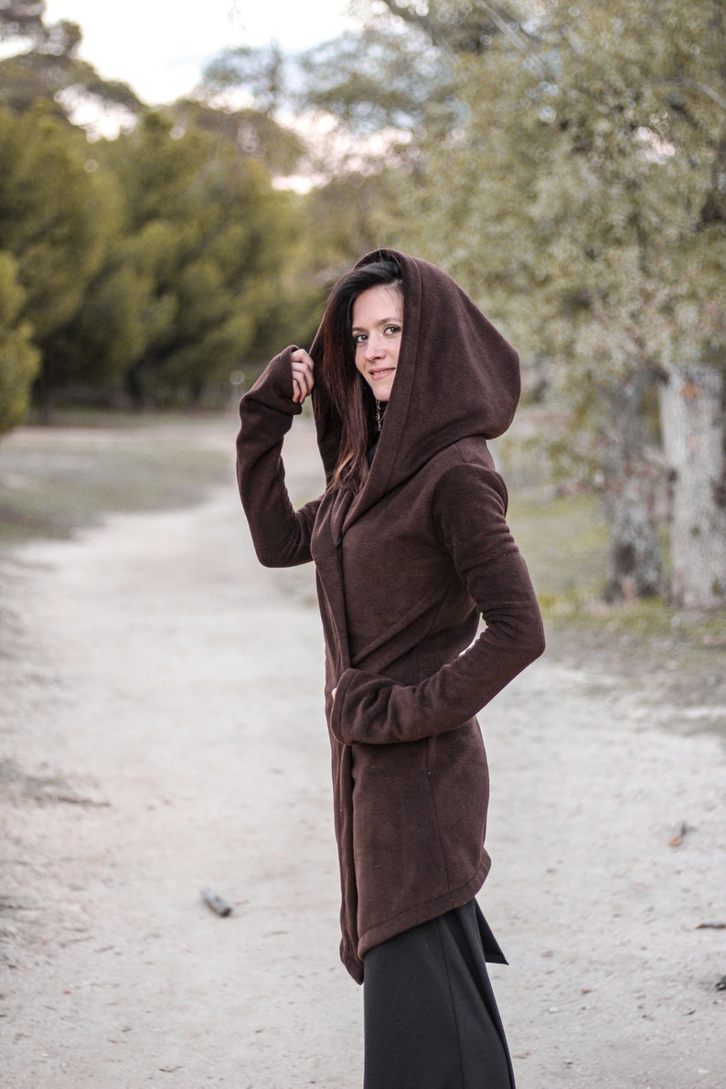 Brown hooded coat. Long wrap winter coat. Medieval fleece hooded jacket. Pixie coat. Hoodie jacket. Winter fleece jacket. Gothic jacket. image 8