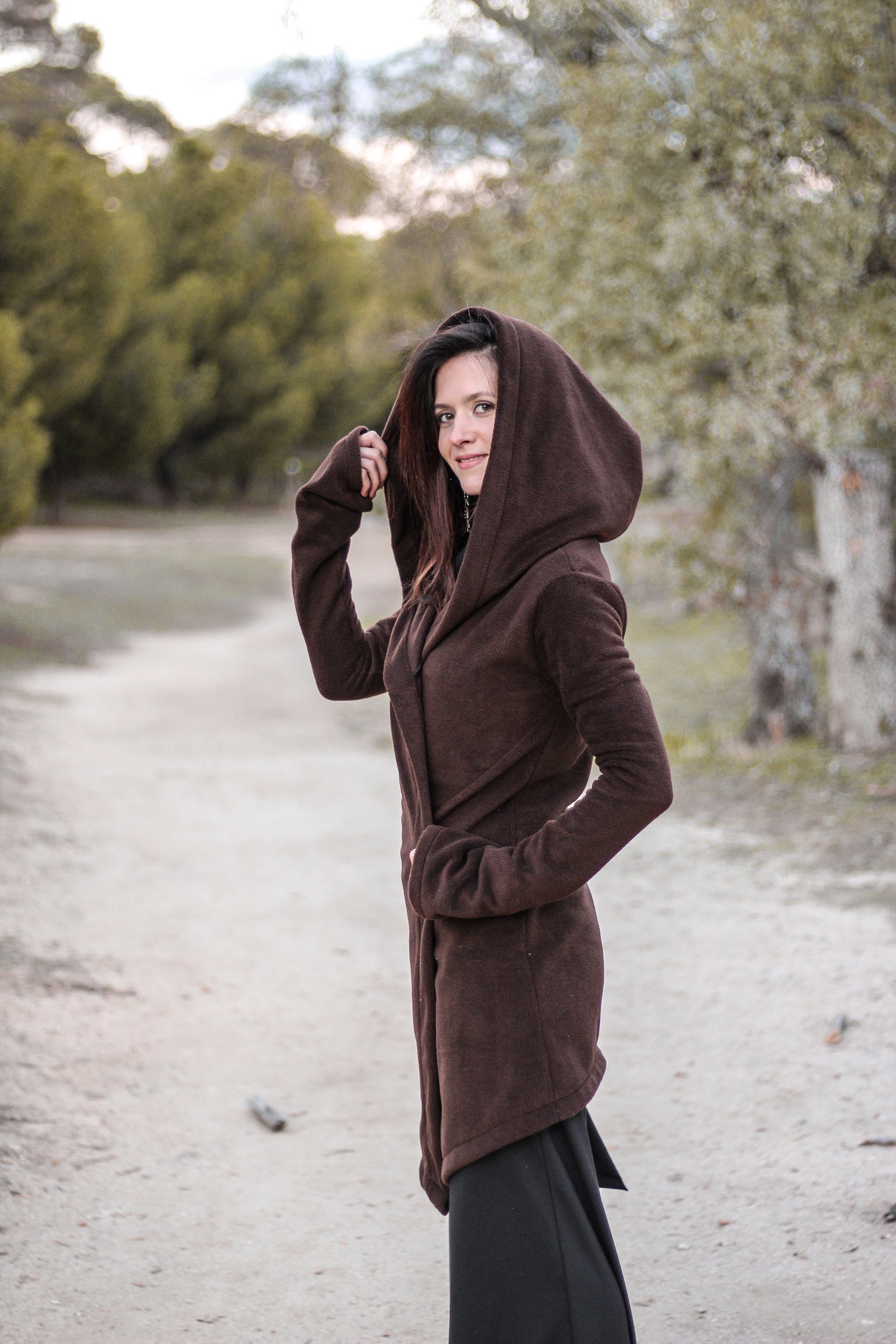 Brown Hooded Coat. Long Wrap Winter Coat. Medieval Fleece 