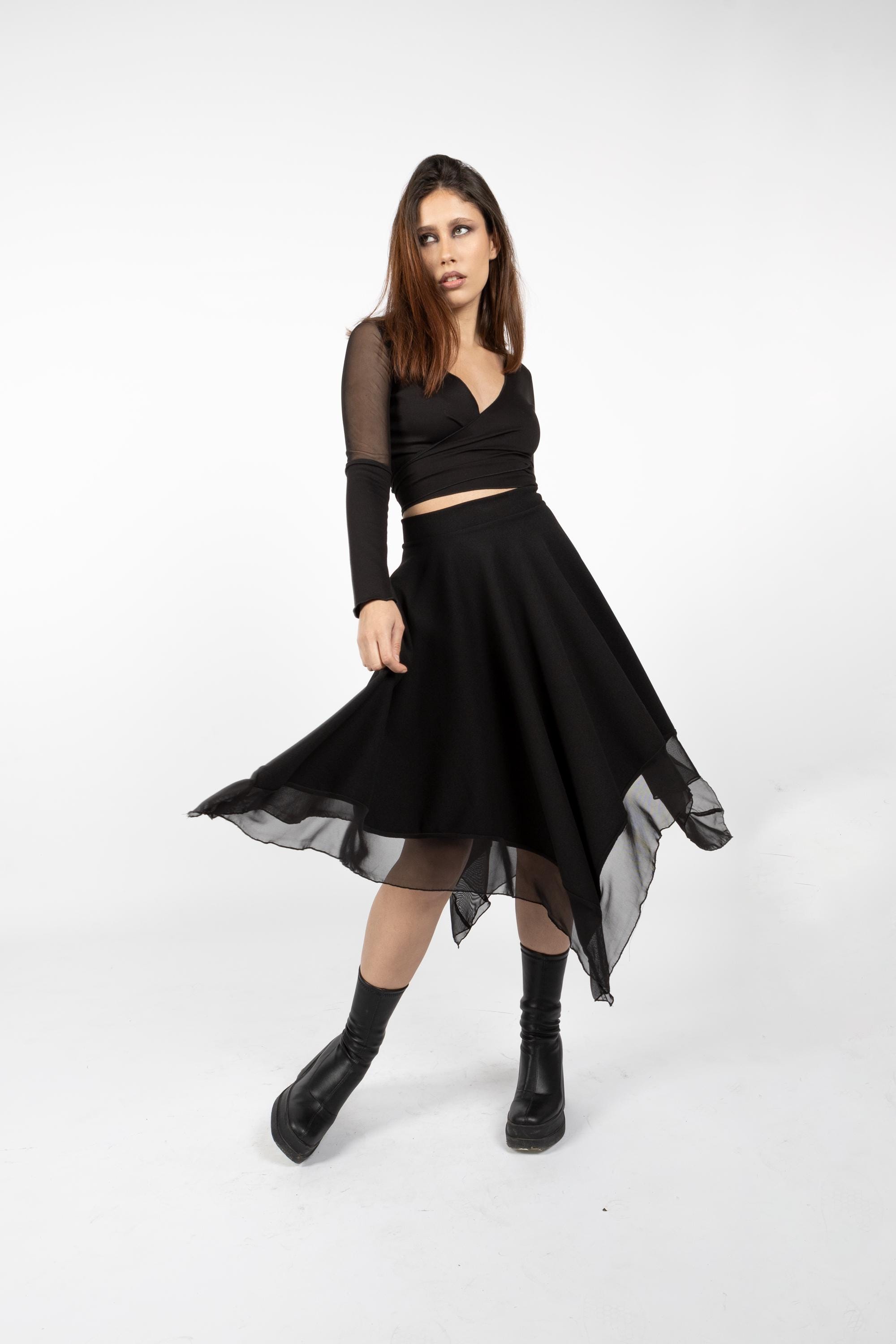 Pleated Witch Mesh Black Midi Asymmetric Skirt. Fairy Witch Long