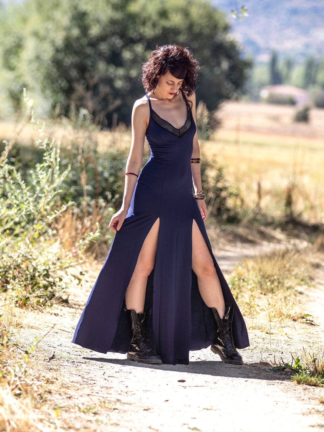 Strap Maxi Long Dark Blue Boho Long Gothic Long  Festival Maxi Maxi Blue V Neck Long Dress, Wedding - Main Image