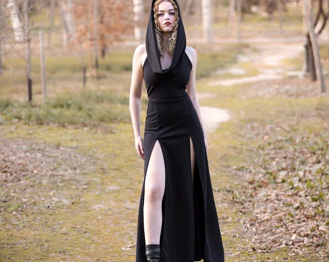 Cowl hooded backless maxi dress. Double split maxi dress. Wedding maxi dress. Festival maxi dress. Burning man dress. Boho cocktail dress