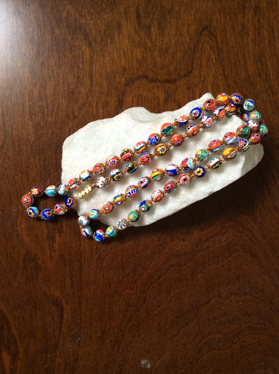 Vintage Knotted Millefiori Bead Necklace * Italian Millefiori