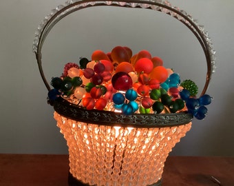 Czechoslovakian Glass Fruit Beaded Basket Accent Lamp *Antique Art Deco Lighting 1920s Czech Glass Fruit Basket Art Glass Table Light