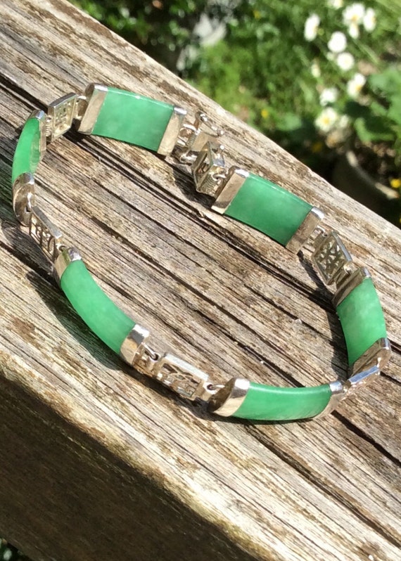 Vintage Jade  And Sterling Macaroni-Link Bracelet… - image 3
