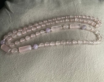 Vintage Rose Quartz Hand Tied Knotted String Necklace Beaded Pink Round 32" in Length