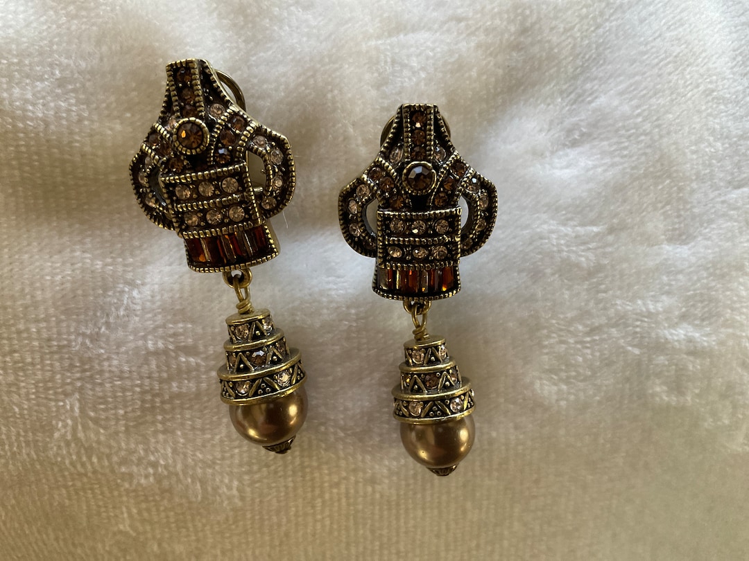 Boucles D'oreilles Heidi Daus Signées - Larme En Cristal Fumé Et Clair, Clip Doré