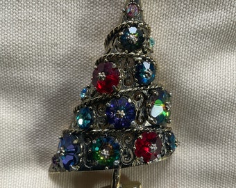 WEISS Sugarplum Christmas Tree Pin Rivoli Rhinestones, Signed Vintage Christmas Tree Brooch