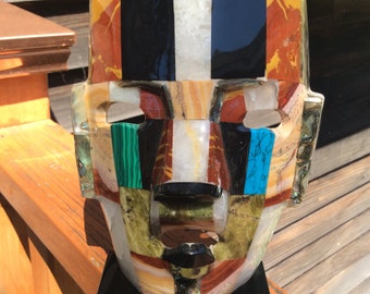Large Semi-precious Gemstone, Abalone Mosaic mask, Mexican Gemstone Face Mask, Mayan/Aztec Motif, mask decor, table decor, shelf decor