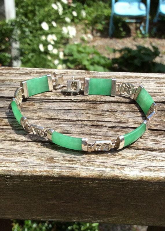 Vintage Jade  And Sterling Macaroni-Link Bracelet… - image 4