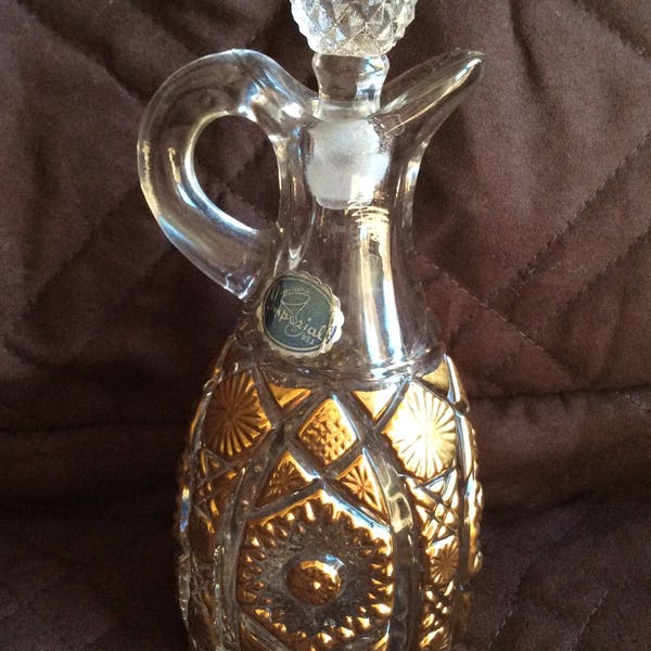 Vintage Cruet with Stopper * Imperial Glass Daisy and Button * Gold Glass Cruet * Hobstar and Arches