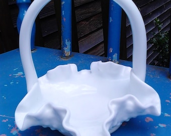 Vintage Fenton Milk Glass Basket With Ruffel  Rim And Handle, Fruit Basket, Candy Dish , Collectable